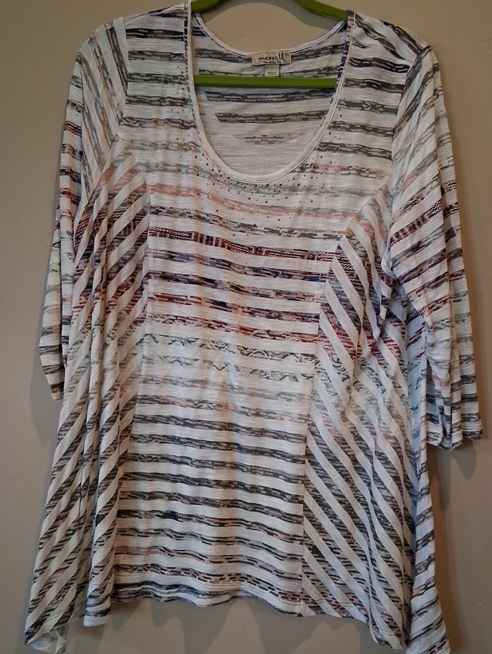 ONE WORLD Scoop-Neck Striped Tunic Top - Tan, Blue, Brown